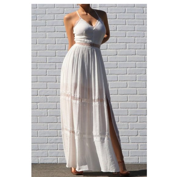 White Boho Chic Lace Trim Bohemian Maxi Dress - Picture 5 of 8